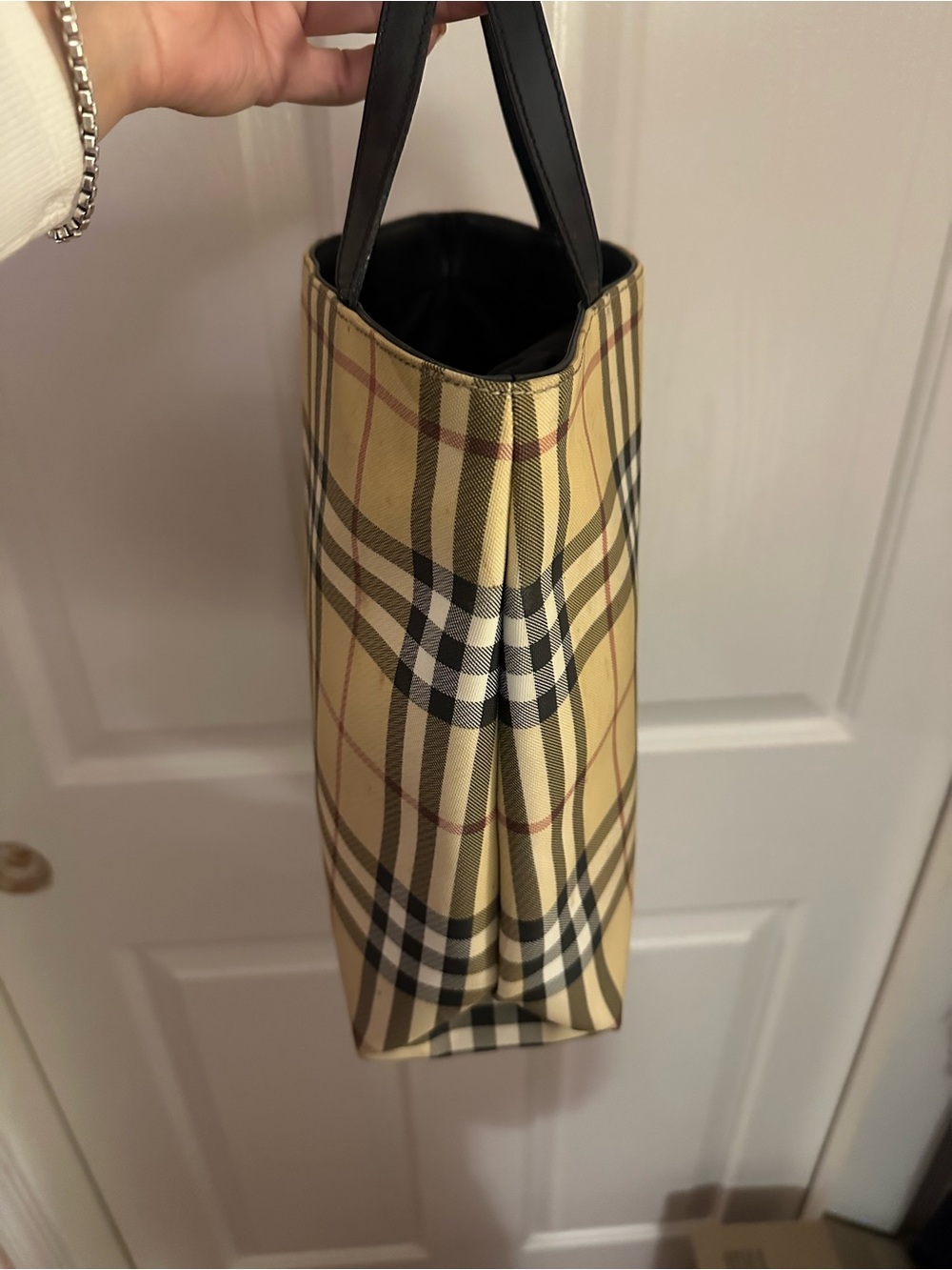Checked Canvas Tote Bag with Black Handles - Beige Plaid
